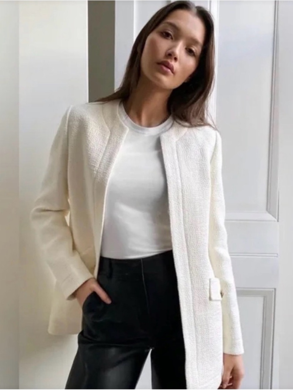 ARITZIA Creamy white tweed Collarless Blazer Jacket NWT